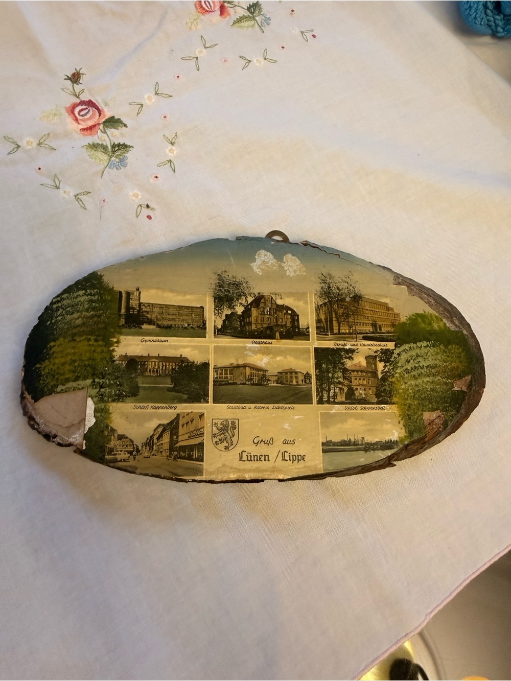 Vintage Lünen/Lippe Scenic Wood Wall Plaque in Beige and Green